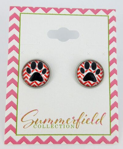Stainless Steel Chevron and Black Paw Print Glass Stud Earrings 12mm (Red) in Saudi Arabia
