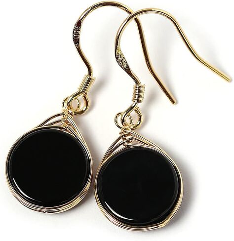 أقراط متدلية من سلك الحجر الطبيعي مطلية بالذهب 925 من الفضة الإسترليني/عملة الجزع الأسود 10 مللي متر in Kuwait