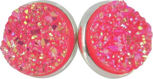 Silver-tone Solid AB Faux Druzy Stone Stud Earrings 12mm (Hot Pink) in Saudi Arabia
