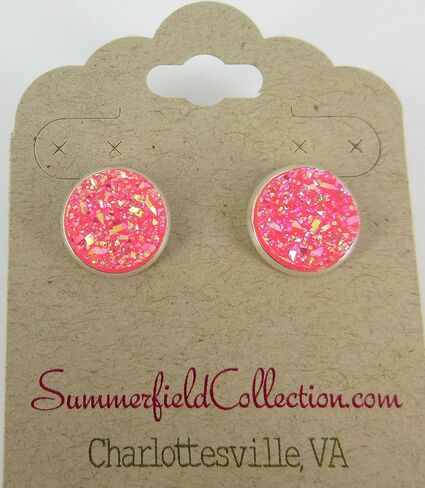 Silver-tone Solid AB Faux Druzy Stone Stud Earrings 12mm (Hot Pink) in Saudi Arabia