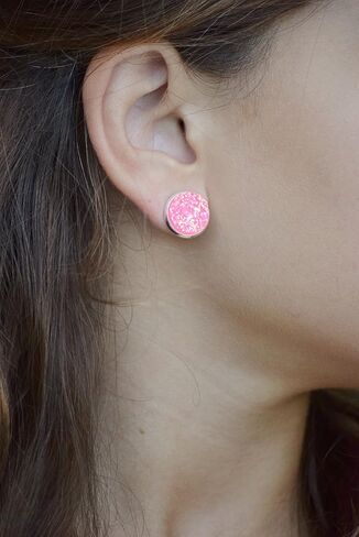 Silver-tone Solid AB Faux Druzy Stone Stud Earrings 12mm (Hot Pink) in Saudi Arabia