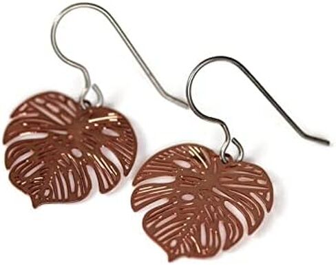 أقراط متدلية من أوراق Monstera سوداء جميلة وخفيفة الوزن معدنية على خطافات من التيتانيوم المضادة للحساسية (18 مم، أسود) in Kuwait