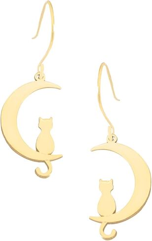 Cat Moon Dangle & Drop Earrings - 925 Sterling Silver Cat Moon Earrings - Cat Jewelry - Cat Lover's Gift - Cat Minimalist Earring - Best Friend Gift - Gift for Her (18K Gold) in Saudi Arabia