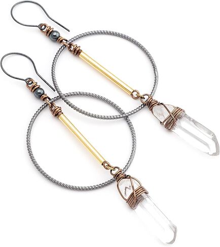 Clear Quartz Crystal Point Sterling Silver and Metal Long Geometric Bohemian Earrings in Saudi Arabia