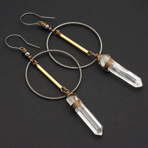 Clear Quartz Crystal Point Sterling Silver and Metal Long Geometric Bohemian Earrings in Saudi Arabia