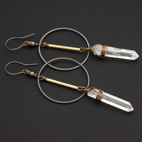Clear Quartz Crystal Point Sterling Silver and Metal Long Geometric Bohemian Earrings in Saudi Arabia