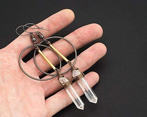 Clear Quartz Crystal Point Sterling Silver and Metal Long Geometric Bohemian Earrings in Saudi Arabia