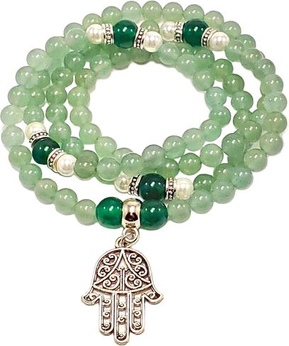 Balance & Abundance 108 Mala Beads Necklace REAL Natural Stones: Green Aventurine + Emerald Green Jade + Pearl + Hamsa Hand Charm - HEART CHAKRA - USA Handmade in Saudi Arabia