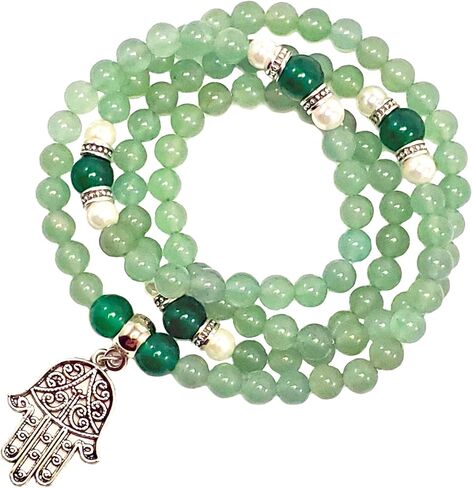 Balance & Abundance 108 Mala Beads Necklace REAL Natural Stones: Green Aventurine + Emerald Green Jade + Pearl + Hamsa Hand Charm - HEART CHAKRA - USA Handmade in Saudi Arabia
