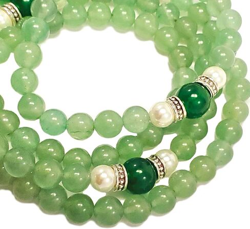 Balance & Abundance 108 Mala Beads Necklace REAL Natural Stones: Green Aventurine + Emerald Green Jade + Pearl + Hamsa Hand Charm - HEART CHAKRA - USA Handmade in Saudi Arabia