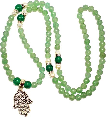 Balance & Abundance 108 Mala Beads Necklace REAL Natural Stones: Green Aventurine + Emerald Green Jade + Pearl + Hamsa Hand Charm - HEART CHAKRA - USA Handmade in Saudi Arabia