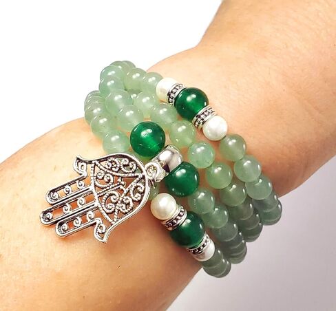 Balance & Abundance 108 Mala Beads Necklace REAL Natural Stones: Green Aventurine + Emerald Green Jade + Pearl + Hamsa Hand Charm - HEART CHAKRA - USA Handmade in Saudi Arabia