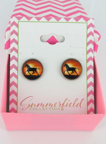 Summerfield Collection Stainless Steel Sunset Horse Print Glass Stud Earrings 12mm in Saudi Arabia