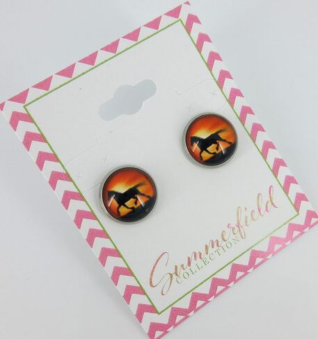 Summerfield Collection Stainless Steel Sunset Horse Print Glass Stud Earrings 12mm in Saudi Arabia