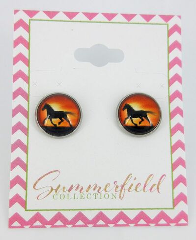 Summerfield Collection Stainless Steel Sunset Horse Print Glass Stud Earrings 12mm in Saudi Arabia