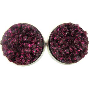 Silver-tone Maroon with Pink Glitter Faux Druzy Stone Stud Earrings (8mm) in Kuwait