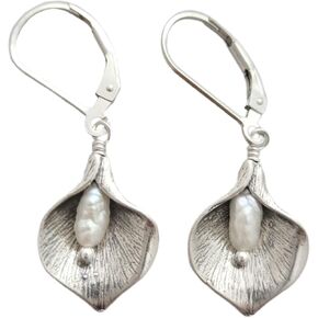Sterling Silver Calla Lily Earrings with Cultured Pearl (French Wire)