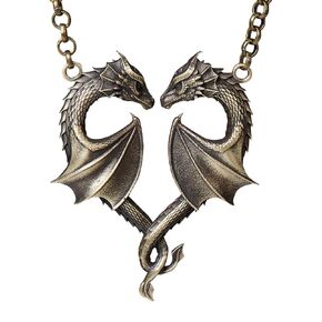 Double Dragon Heart Necklace for Couples - Endless Love Dragon Necklace - Celtic Dragon Wings Jewelry Lovers Charm - Cool Dragon Jewelry for Men Women- Brass Necklace Pendant Amulet