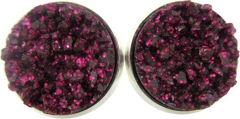 Silver-tone Maroon with Pink Glitter Faux Druzy Stone Stud Earrings (8mm) in Kuwait