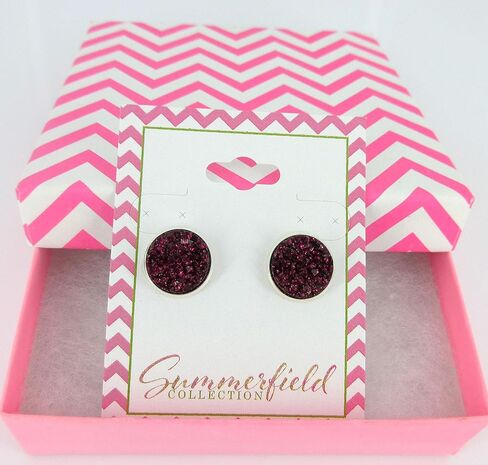 Silver-tone Maroon with Pink Glitter Faux Druzy Stone Stud Earrings (8mm) in Kuwait