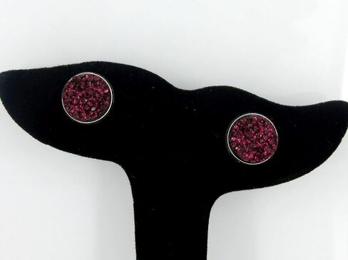 Silver-tone Maroon with Pink Glitter Faux Druzy Stone Stud Earrings (8mm) in Kuwait
