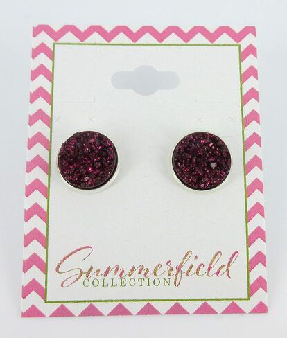Silver-tone Maroon with Pink Glitter Faux Druzy Stone Stud Earrings (8mm) in Kuwait