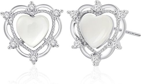 Opal Heart Stud Earrings 925 Sterling Silver Earrings Hypoallergenic Heart Shaped Earrings Handmade Earrings Opal Earrings for Women Trendy in Saudi Arabia