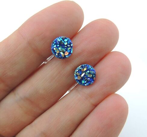 Invisible Clip On Faux Druzy Earrings for Non-Pierced Ears 8mm (Aqua Iridescent) in Saudi Arabia