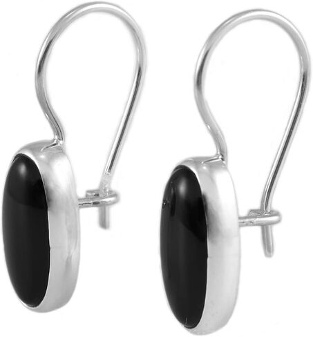 Sterling Silver 925 Oval Black Onyx 7x14mm Drop Dangle Hook Handmade Earrings for Women in Kuwait