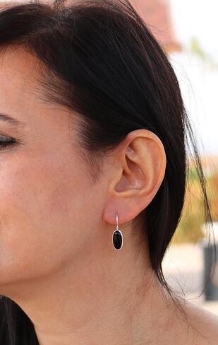 Sterling Silver 925 Oval Black Onyx 7x14mm Drop Dangle Hook Handmade Earrings for Women in Kuwait