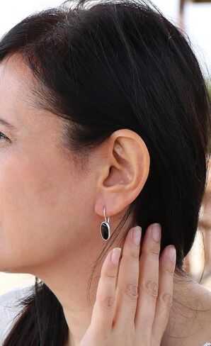 Sterling Silver 925 Oval Black Onyx 7x14mm Drop Dangle Hook Handmade Earrings for Women in Kuwait