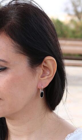 Sterling Silver 925 Oval Black Onyx 7x14mm Drop Dangle Hook Handmade Earrings for Women in Kuwait