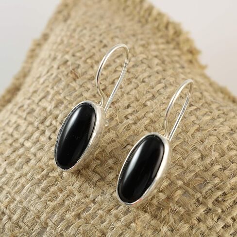 Sterling Silver 925 Oval Black Onyx 7x14mm Drop Dangle Hook Handmade Earrings for Women in Kuwait