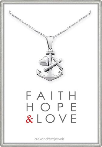 Tiny and Dainty Sterling Silver Faith Hope and Love Necklace, Silver Anchor Cross and Heart Necklace, Confirmation Gift Necklace, Goddaughter Gift (16 inches plus 2-inch extender) in Kuwait