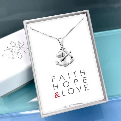 Tiny and Dainty Sterling Silver Faith Hope and Love Necklace, Silver Anchor Cross and Heart Necklace, Confirmation Gift Necklace, Goddaughter Gift (16 inches plus 2-inch extender) in Kuwait