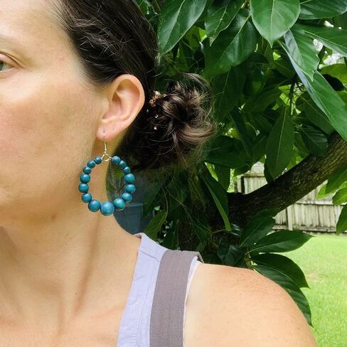 Wood Bead Hoop Earrings for Women (Bright Turquoise) in Saudi Arabia