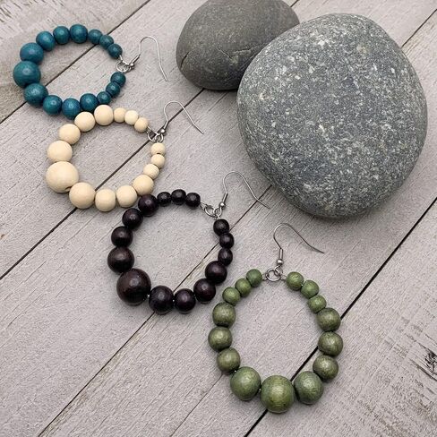 Wood Bead Hoop Earrings for Women (Bright Turquoise) in Saudi Arabia