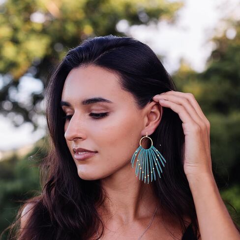 Boho Leather Fringe Tassel Earrings for Women Dangling with Rivet Beads Western Cowgirl Country Dangle Earrings (Brown) in Saudi Arabia