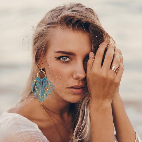 Boho Leather Fringe Tassel Earrings for Women Dangling with Rivet Beads Western Cowgirl Country Dangle Earrings (Brown) in Saudi Arabia