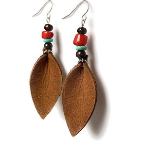 أقراط جلدية للنساء على الطراز الجنوبي الغربي بوهو متدلية على شكل ورقة شجر مع خرزات خشبية (بني ريفي) in Kuwait