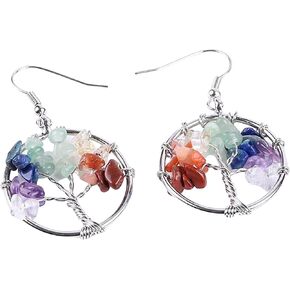 Hoop Earrings for Women Mixed Gemstone Green Jade Dangling Earrings Amethyst Earrings Lapis Lazuli Earrings Tree of Life Earrings Silver Gift for Graduation Back to School Teacher Birthstone Earrings