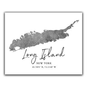 Long Island NY Map Wall Art Print - 10x8 Silhouette Decor Print with Coordinates. Makes a LI-Themed Gift. Shades of Grey, Black & White. in Saudi Arabia