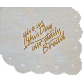 Embroidered Linen&Cotton Bun/Bread Warmer Cloth with Swiss Dots - Give Us This Day Our Daily Bread - Handmade - Small Woman Owned Business in Saudi Arabia