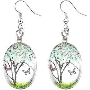 Handmade Glass Earrings for Women Girls Fashion Dainty Clear Dried Pressed Real Tree Flowers Teardrop Ball Dangle Drop Abstract Art Earrings Trendy Statement Artist Jewelry Gifts (Pink)