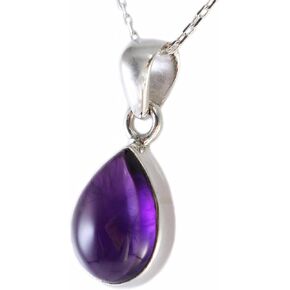 Silver Teardrop Natural Purple Amethyst Tiny Handmade Pendant Necklace 16+2'' Chain for Women and Girls