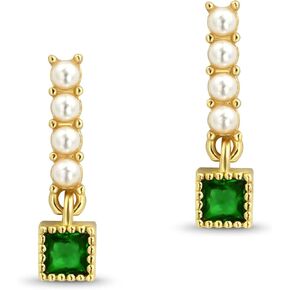 14K Gold Plated Pearl Emerald Stud Earrings, Vintage Emerald Green Earrings with 4 Pearls, Handmade Pearl Earrings for Women Trendy in Saudi Arabia