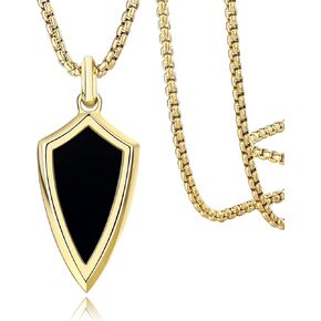 Agate Pendant for Men - Stainless Steel Shield Necklace Black Onyx Pendant， 2mm Box Chain & 3mm Figaro Chain, Steel and Gold Color, Natural Agate Jewelry Gifts for Him (Gold Color Box Chain)