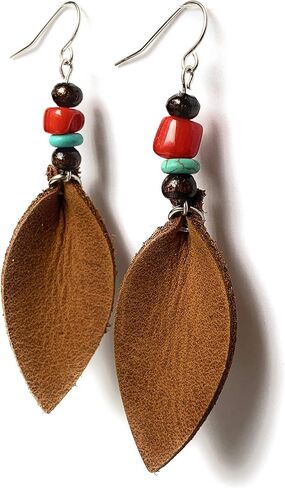 أقراط جلدية للنساء على الطراز الجنوبي الغربي بوهو متدلية على شكل ورقة شجر مع خرزات خشبية (بني ريفي) in Kuwait