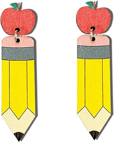 Funny Pencil Earrings for Women Girls, Pencil Hand Painted Laser Cut Wood Earrings, Teacher Earrings Pencil Jewelry, Pencil Drop Dangle Earrings, Teacher Appreciation Gifts (Yellow) in Saudi Arabia