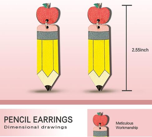 Funny Pencil Earrings for Women Girls, Pencil Hand Painted Laser Cut Wood Earrings, Teacher Earrings Pencil Jewelry, Pencil Drop Dangle Earrings, Teacher Appreciation Gifts (Yellow) in Saudi Arabia